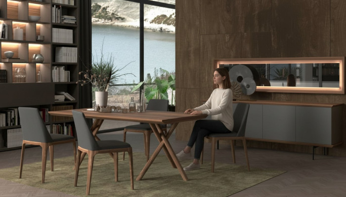 Conjunto de muebles de comedor de lujo con mesa de comedor, sillas, aparador y espejo