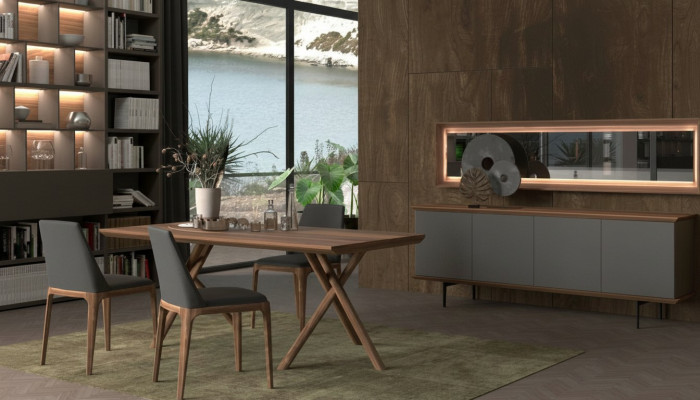 Conjunto de muebles de comedor de lujo con mesa de comedor, sillas, aparador y espejo