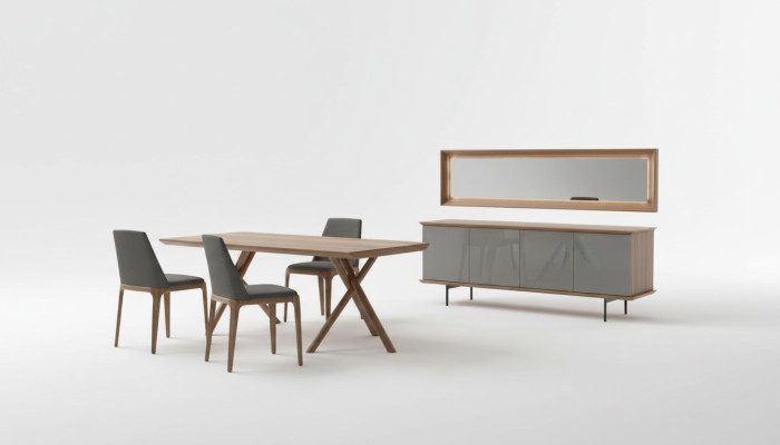 Conjunto de muebles de comedor de lujo con mesa de comedor, sillas, aparador y espejo