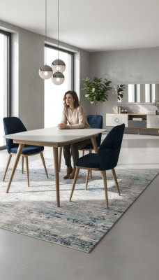 Silla de comedor azul de lujo. Muebles de cocina modernos. Muebles de madera de diseñador.