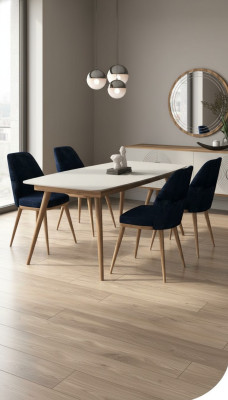 Silla de comedor azul de lujo. Muebles de cocina modernos. Muebles de madera de diseñador.