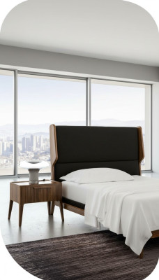 Mesa de noche de dormitorio con espacio de almacenamiento en estilo moderno de lujo en muebles de madera.