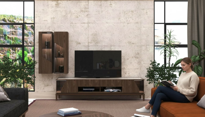 Muebles de salón, pared de sala, estantes colgantes, aparador, marrón, muebles de lujo de madera.