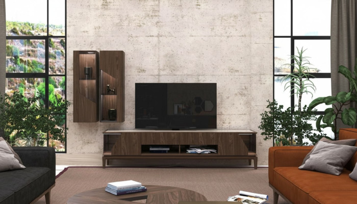 Muebles de salón, pared de sala, estantes colgantes, aparador, marrón, muebles de lujo de madera.