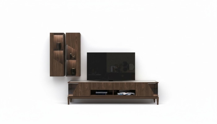 Muebles de salón, pared de sala, estantes colgantes, aparador, marrón, muebles de lujo de madera.