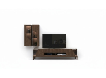Muebles de salón, pared de sala, estantes colgantes, aparador, marrón, muebles de lujo de madera.