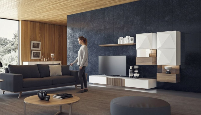 Lujo Nuez natural Moderno Blanco Mueble de salón para TV Soporte para TV Aparador Estantes de pared