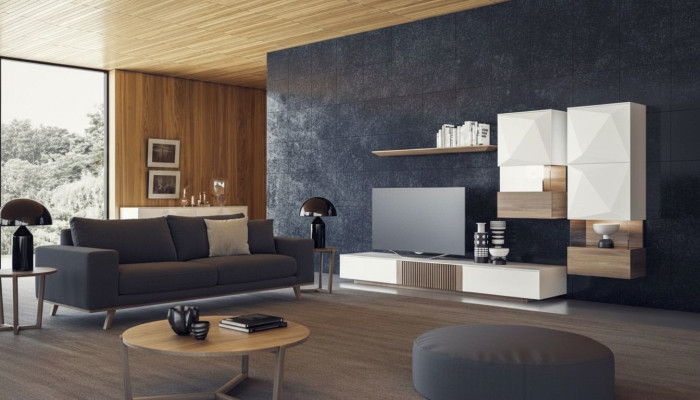 Lujo Nuez natural Moderno Blanco Mueble de salón para TV Soporte para TV Aparador Estantes de pared