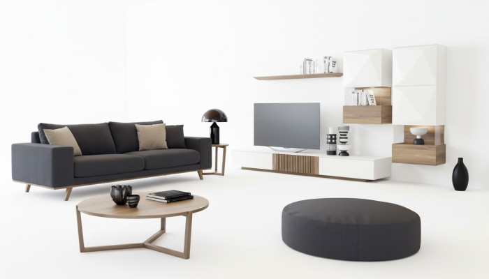 Lujo Nuez natural Moderno Blanco Mueble de salón para TV Soporte para TV Aparador Estantes de pared