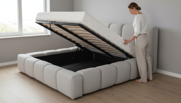 Cama gris dormitorio doble diseño de lujo elegante tapizado tela nuevo.