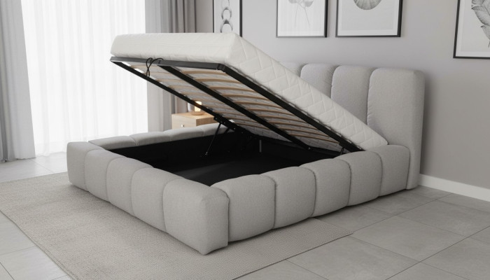 Cama gris dormitorio doble diseño de lujo elegante tapizado tela nuevo.