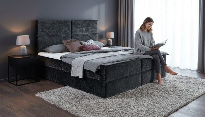 Envío de muebles de dormitorio grises de diseño de madera con elegante tapizado de tela nuevo
