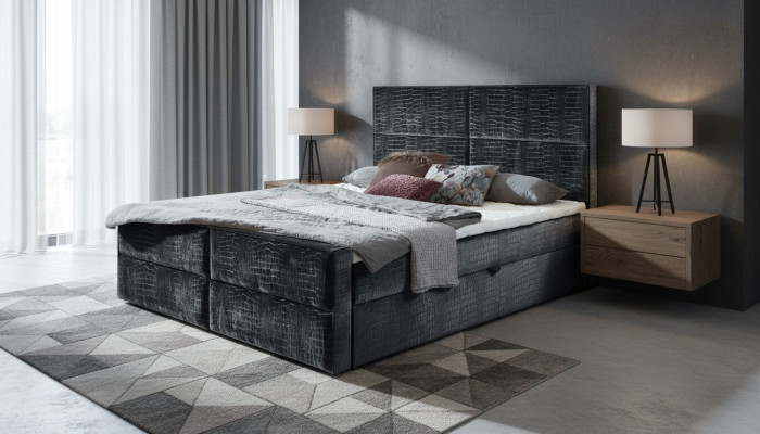 Envío de muebles de dormitorio grises de diseño de madera con elegante tapizado de tela nuevo