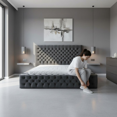 Chesterfield gris diseño de dormitorio doble de madera elegante tapizado en tela