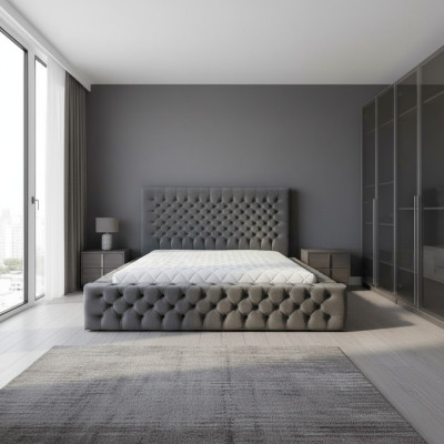 Chesterfield gris diseño de dormitorio doble de madera elegante tapizado en tela