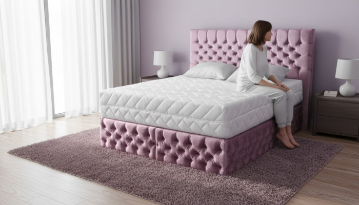 Dormitorio doble Chesterfield rosa con diseño de muebles de madera, elegante tapizado de tela.