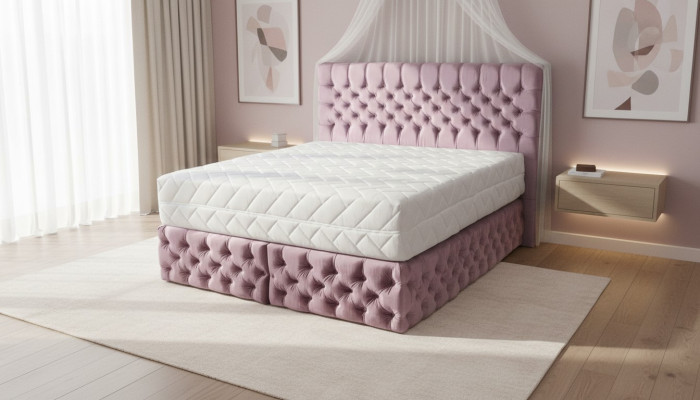 Dormitorio doble Chesterfield rosa con diseño de muebles de madera, elegante tapizado de tela.