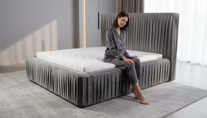 Grises dormitorios dobles Muebles de madera Diseño elegante Tela de muebles clásicos nuevos