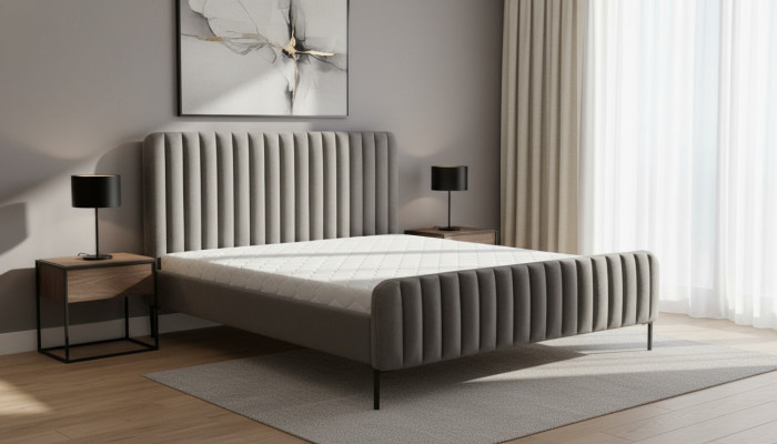 Dormitorio doble gris, diseño de muebles de madera elegante, tela clásica, muebles nuevos.