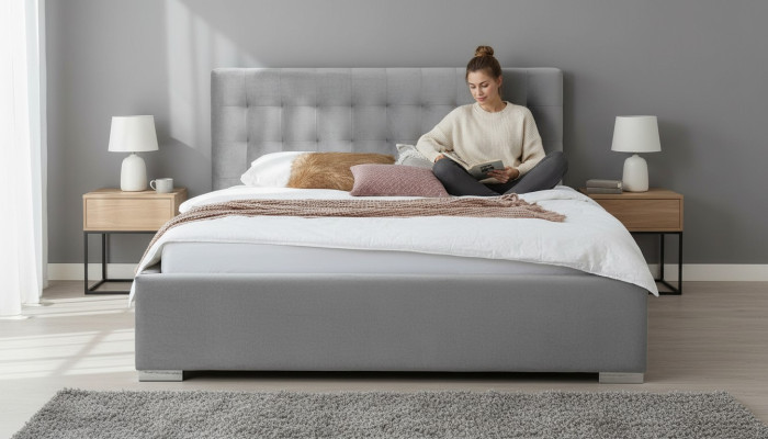 Muebles de madera diseño de dormitorio doble gris tela elegante muebles clásicos.