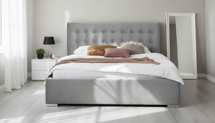 Muebles de madera diseño de dormitorio doble gris tela elegante muebles clásicos.