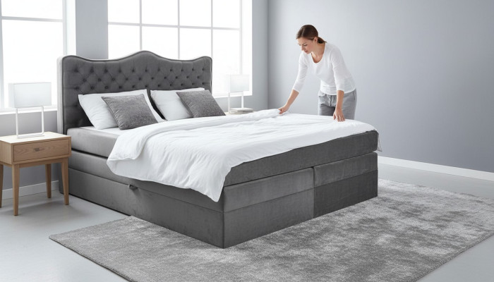 Estructura de cama gris diseño elegante de dormitorio chesterfield tela clásica muebles