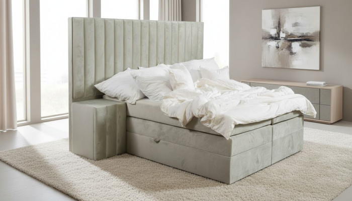 Cama doble moderna Taupes 2x Mesitas de noche Dormitorio Cama boxspring