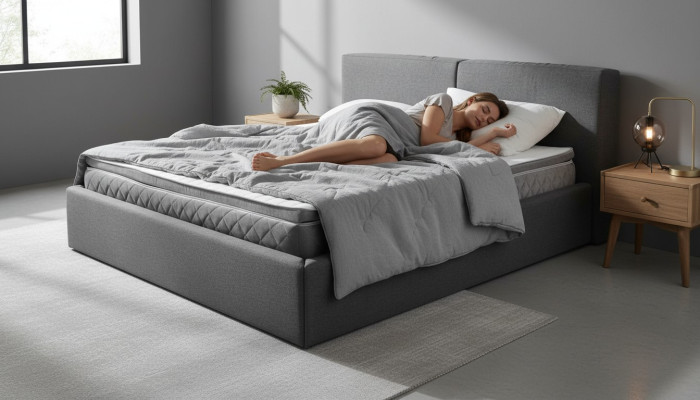 Cama doble gris acolchada con diseño de cama con almacenamiento de tela elegante