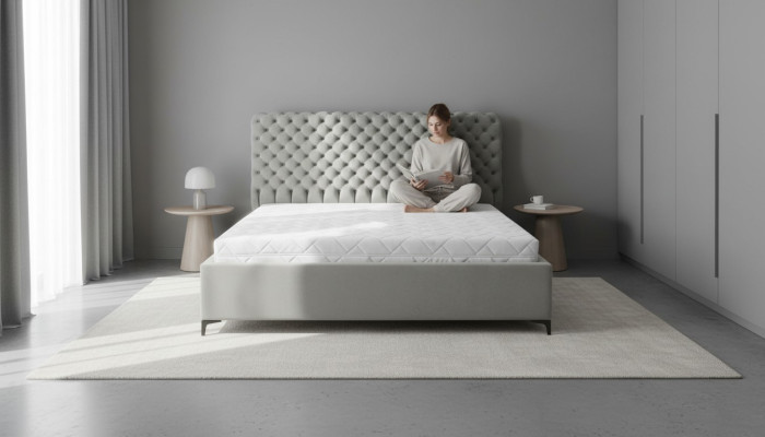 Cama Chesterfield gris. Diseño clásico de muebles de dormitorio. Tela elegante.