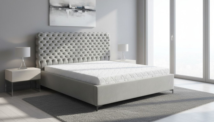Cama Chesterfield gris. Diseño clásico de muebles de dormitorio. Tela elegante.