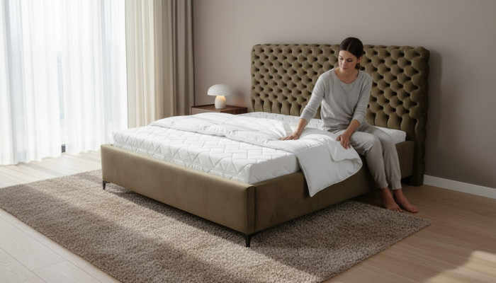 Cama Chesterfield verde Diseño clásico de muebles para dormitorio Elegante tela.