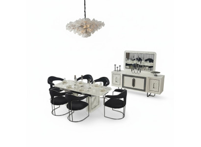 Moderno juego de comedor: mesa blanca, 6 sillas, aparador blanco, espejo nuevo.