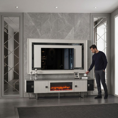 Mueble de lujo para la sala de estar con chimenea, soporte para televisión, tablero de televisión, paredes de la sala de estar.