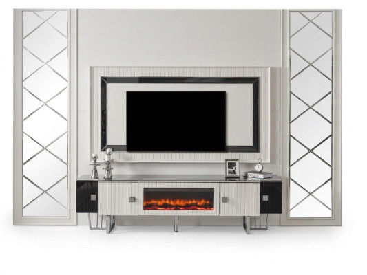 Mueble de lujo para la sala de estar con chimenea, soporte para televisión, tablero de televisión, paredes de la sala de estar.