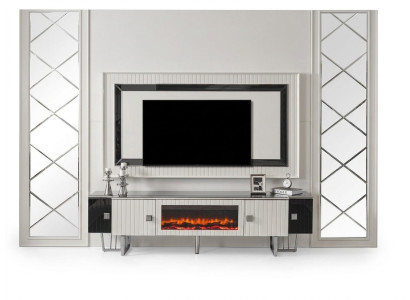 Mueble de lujo para la sala de estar con chimenea, soporte para televisión, tablero de televisión, paredes de la sala de estar.