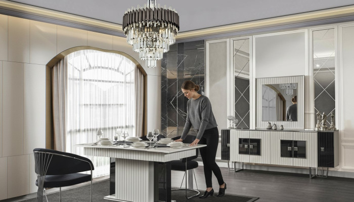 Juego de comedor de lujo mesa de comedor con 6 sillas con respaldo Cómoda Espejo de 8 piezas