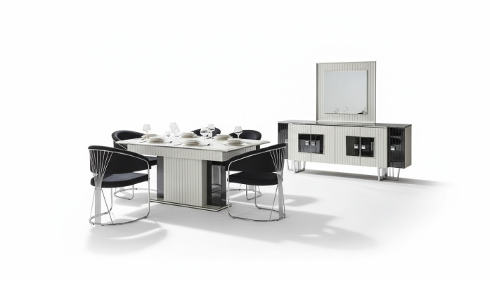 Juego de comedor de lujo mesa de comedor con 6 sillas con respaldo Cómoda Espejo de 8 piezas