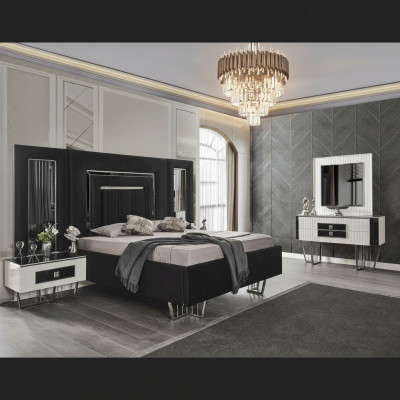 Dormitorio Muebles Cama de lujo Textiles con mesitas de noche Cómoda Espejo 5 piezas