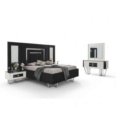 Dormitorio Muebles Cama de lujo Textiles con mesitas de noche Cómoda Espejo 5 piezas