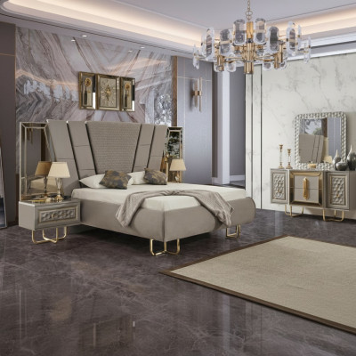 Villa dormitorio muebles cama cama doble 2 mesitas de noche cómoda espejo de 5 piezas