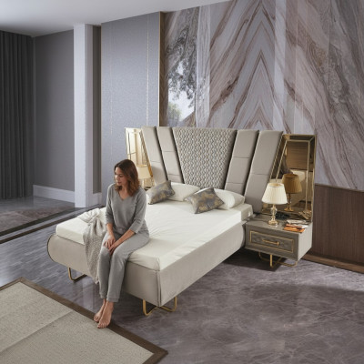 Lujo cama Hotel camas con 2 mesitas de noche doradas Muebles brillantes Dormitorio