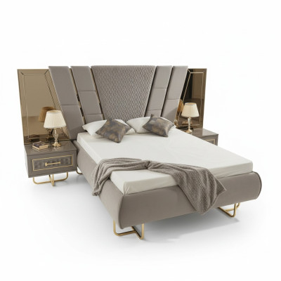 Lujo cama Hotel camas con 2 mesitas de noche doradas Muebles brillantes Dormitorio