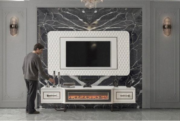 Chimenea cómoda soporte de televisión mueble TV de 2 piezas pared de sala de estar.