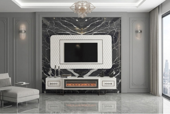 Chimenea cómoda soporte de televisión mueble TV de 2 piezas pared de sala de estar.