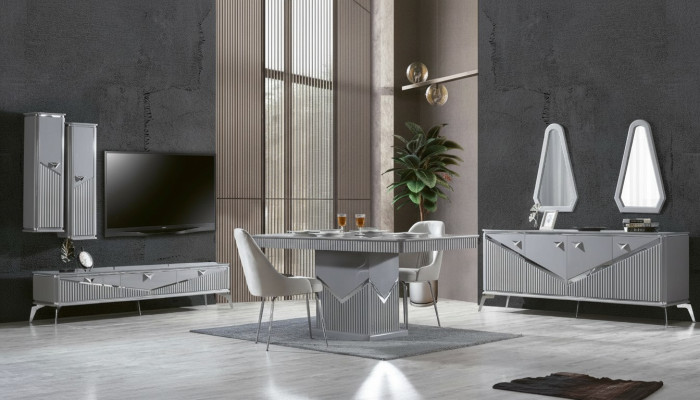 Conjunto de comedor moderno gris 4 sillas espejo aparador estante 9 piezas