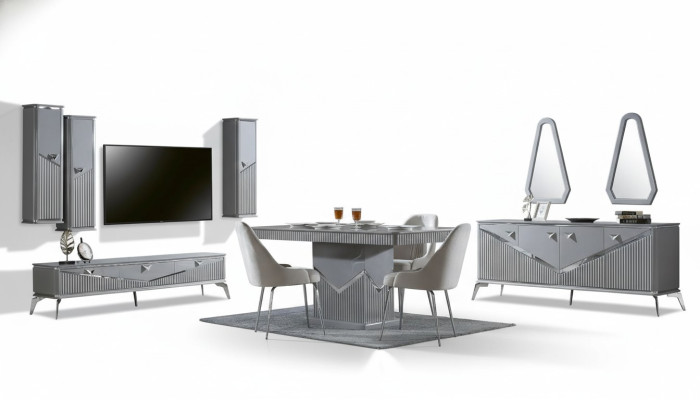 Conjunto de comedor moderno gris 4 sillas espejo aparador estante 9 piezas