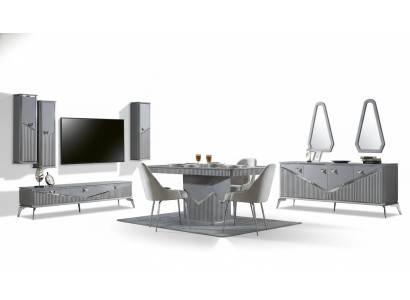 Conjunto de comedor moderno gris 4 sillas espejo aparador estante 9 piezas
