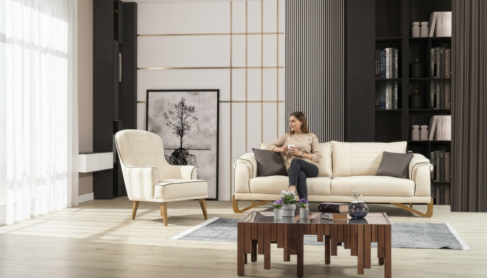 Juego de sofás beige con estructura de madera, conjunto de sofá de 3 plazas y 1 plaza, muebles.