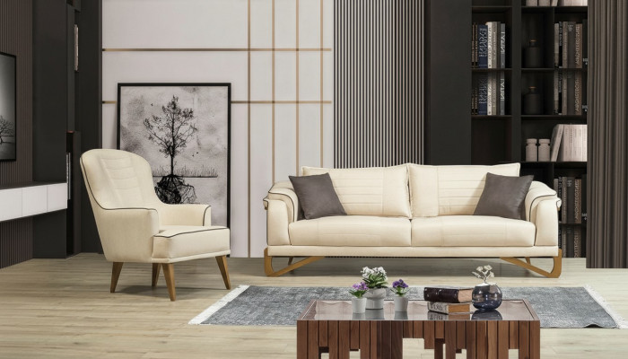 Juego de sofás beige con estructura de madera, conjunto de sofá de 3 plazas y 1 plaza, muebles.