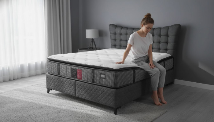 Cama Boxspring de lujo con cama doble incluida. Colchón con patrón Caro en gris.